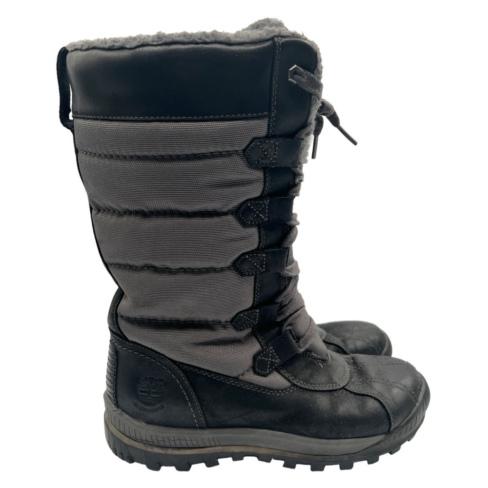 TIMBERLAND BLACK GREY LACE UP BOOTS WINTER BOOT FAUX SHEEPSKING RUBBER SOLE 9.5
